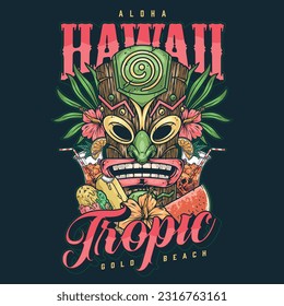 Aloha island Hawaii label colorful with Tiki mask and cocktails for beach party for tourists in sunny resort vector illustration