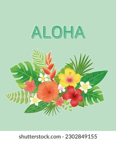 
Aloha lettering and colorful illustrations of various tropical plants