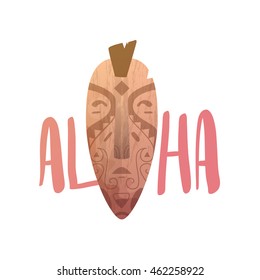 ALOHA lettering. Mask statue carved polynesian wood vector illustration.