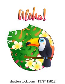 Aloha lettering with tropical leaves and toucan in circle. Tourism, summer, Hawaii design. Handwritten text, calligraphy. For leaflets, brochures, invitations, posters or banners.