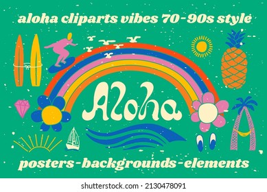 Aloha lettering. Vector calligraphy illustration with rainbow. Hawaiian handmade tropical exotic t-shirt graphics. Summer apparel print design. Retro drawn sea wave, sun, spray, vintage texture