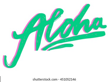 Aloha lettering. Vector calligraphy illustration. Hawaiian handmade tropical exotic t-shirt graphics. Summer apparel print design.