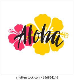 Aloha lettering. Vector illustration with hibiscus for print.