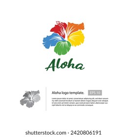 Aloha logo template with a colorful hibiscus flower and a calligraphy letter.