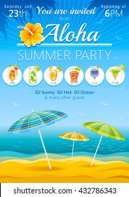 Aloha Luau Beach Party Vector Flyer Invitation With Umbrellas And Tropical Cocktails. Summer Sea Background With Waves, Hibiscus Logo