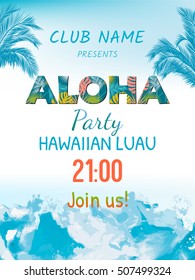 Aloha Luau Beach Party Vector Flyer Invitation With  Tropical Leaves. Summer Sea Background With Waves. Vector Background.