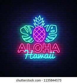 Aloha neon sign vector. Aloha Hawaii Design template neon sign, summer light banner, neon signboard, nightly bright advertising, light inscription. Vector Illustration