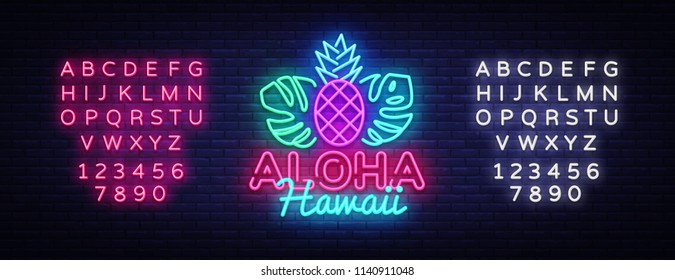 Aloha neon sign vector. Aloha Hawaii Design template neon sign, summer light banner, neon signboard, nightly bright advertising, light inscription. Vector Illustration. Editing text neon sign