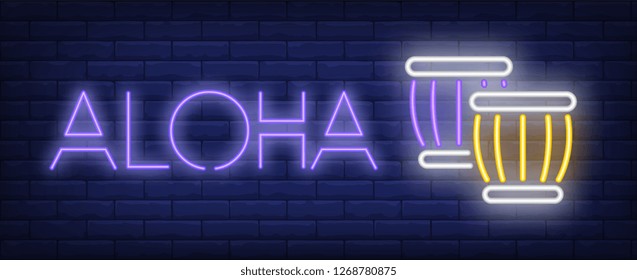 Aloha neon text with ethnic drums. Summer and vacation design. Night bright neon sign, colorful billboard, light banner. Vector illustration in neon style.