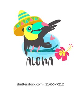 Aloha. Nice Toucan in a Mexican hat. Vector illustration isolated on white background.