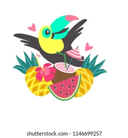 Aloha. Nice Toucan with watermelon, pineapple and coconut cocktail. Vector illustration isolated on white background.
