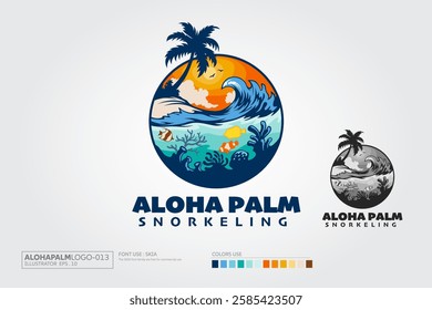 Aloha Palm Vector Logo Illustration. This Logo Template, Water ocean waves with Palm tree, wave, snorkeling, fish and reef concept, for beach snorkeling, hoteling and restaurant.