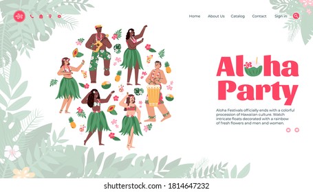 Aloha party hawaiian festival landing page for website. Group of hawaiian girls and boys dancing in traditional dresses, flat cartoon vector illustration