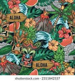 Patrón del partido Aloha sin fisuras colorido con máscaras Tiki y plantas tropicales o palmeras cerca de los volcanes ilustración vectorial