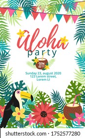 Aloha party tropical invitation with bird vector illustration. Card with animal and festive inscription flat style. Floral decor with garland. Joy and relax event. Celebration concept