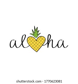 Ilustración dibujada a mano por el vector de piña de Aloha. Aluha negra escribiendo verano con el colorido corazón amarillo y verde piña dentro, en lugar de la letra o. Aislado.