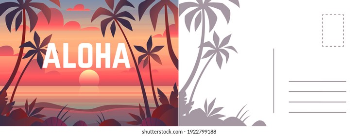 Aloha postcard. Card with summer landscape, seaside sunset and palm trees. Tropical paradise and outdoor recreation letter template, vector vacation invitation and greeting bright cartoon illustration