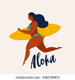 Aloha poster with surfer girl with surfboard running to ocean. Beach and surfings design for poster, t-shirt or cards. Summertime illustration.