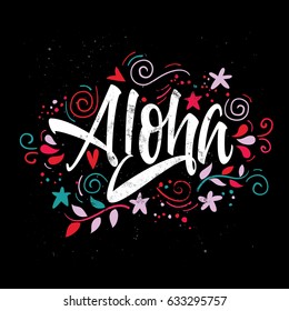 Aloha print for T-shirt on black background.