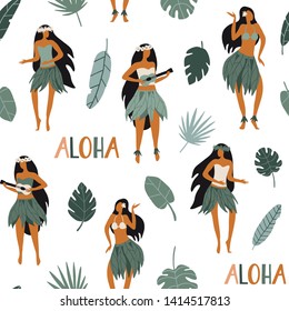 Aloha seamless pattern. Hawaiian girls are dancing hula and playing ukulele and  plants. Cute texture for Hawaiian holidays. Funny vector character, flat cartoon style summer design with lettering