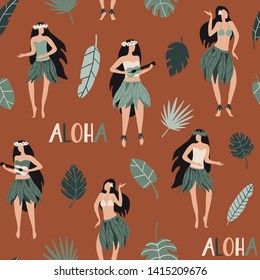 Aloha seamless pattern. Hawaiian girls are dancing hula and playing ukulele and  plants. Cute texture for Hawaiian holidays. Funny vector character, flat cartoon style summer design with lettering