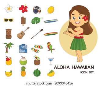 Iconos planos de concepto Aloha Set Cute Hawaiian.