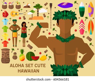 Aloha Set Cute Hawaiian concept background. Flat icons. 