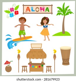 Aloha Set - Cute Hawaiian set of tiki bar, drum, surfer, hula girl and more. Eps10