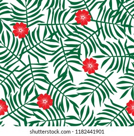 Aloha Shirt Hawaiian Tropical Floral Seamless Pattern Background With Palm Leaves And Flowers