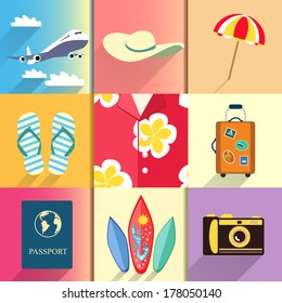 Aloha shirt. Travel and vacation icons set with plane passport and suitcase shoes vector illustration