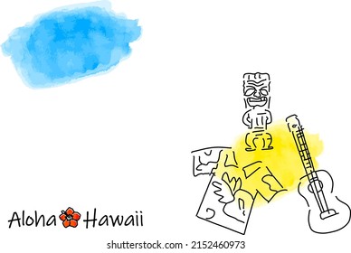 Aloha shirt, ukulele and tiki of Hawaii frame illustration, vector