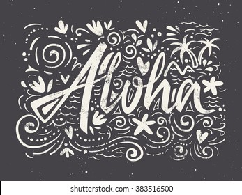 Aloha shirts to print. Hand lettering. Vector illustration. Summer composition.