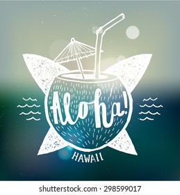 aloha sign. coconut cocktail surfing and hawaii lettering. vector illustration