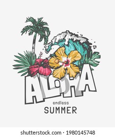 aloha slogan with hibiscus flowers and ocean wave graphic illustration