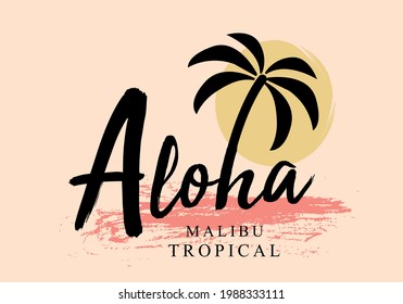 aloha slogan with palm tree design vector and sun