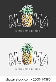 aloha slogan with pineapple graphic vector illustration on black and white background