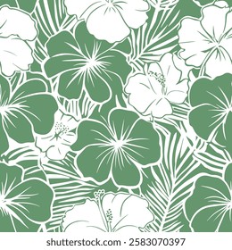 Aloha spirit seamless pattern featuring lush Hawaiian greenery, exotic flowers, and coastal botanical elements, ideal for fashion and home decor.
