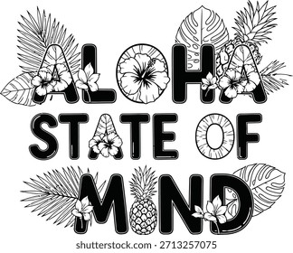 Aloha State Of Mind, tipografia vetorial tropical com flores de hibisco para as vibrações de férias do Havaí.