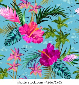 aloha style vector seamless pattern with vintage palms, hibiscus, water, birds, and other tropical elements.