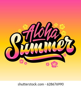 Aloha Summer Abstract Vector Hand Lettering Greeting Gard, Sign or Poster. With Hawaii Flowers and Pink Yellow Gradient Background.