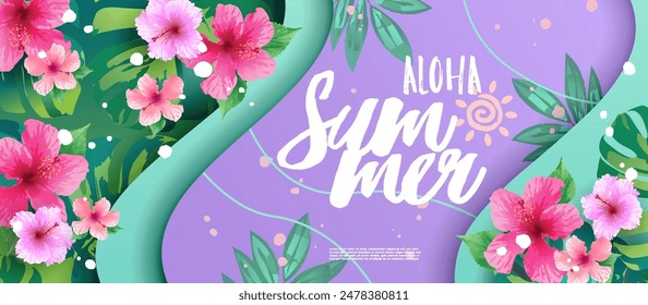 Aloha Summer banner template with tropical flowers and leaves on colorful purple background in paper cut style. Vector illustration