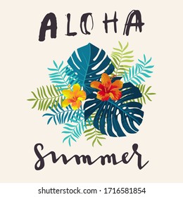 Aloha Summer bouquet, monstera leaves, hibiscus flowers, lettering. Bright jungle composition. Vivid optimistic juicy colors. Exotic tropical floral calligraphy backdrop. Botanical background. Vector