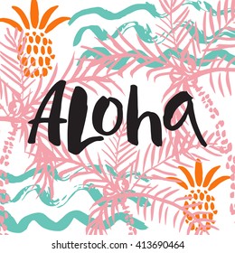 Aloha summer card hand drawing lettering vector art, calligraphy poster. Abstract  pattern in memphis retro design style with ink texture.