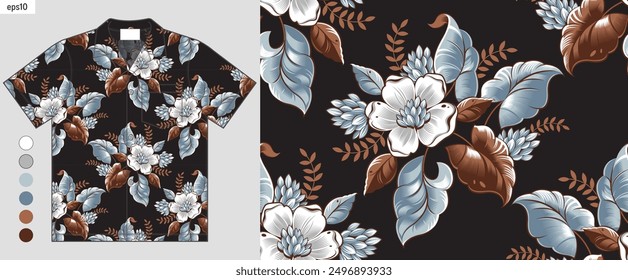 Moda de verano Aloha, patrón transparente de flores de gradiente tropical, ilustraciones en maqueta de moda de camisa hawaiana, elegancia flora de hibisco abstracta, ilustración de maqueta de camisa