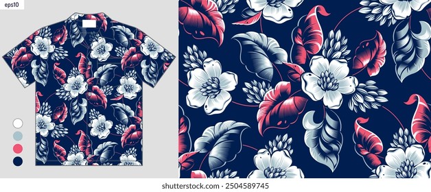 aloha summer fashion, tropical gradient flowers seamless pattern, artwork on hawaiian shirt fashion mockup, elegance hibiscus flora abstract, shirt mockup llustration