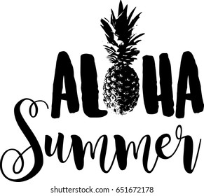 Aloha Summer hand drawn calligraphy card set. Vector collection of bright summer Beautiful summer posters with pineapple