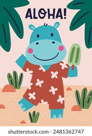 Aloha Summer Hippopotamus Postal Ilustración vectorial