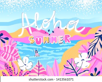 ALOHA SUMMER modern colorful background design temlate. Trendy artistic texture. Fashionable lettering. 