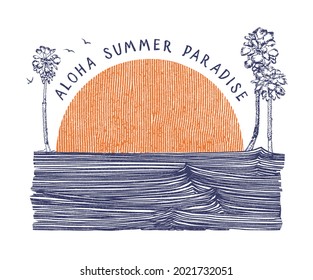 aloha summer paradise beach sunset vector design