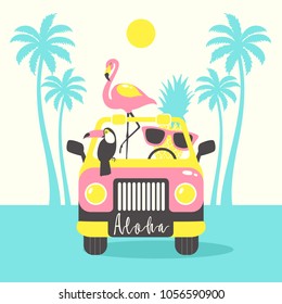 Aloha summer poster with toucan, flamingo, parrot, pineapple in the car. Can be used for poster, greeting card, bags, t-shirt. Vector Illustration.